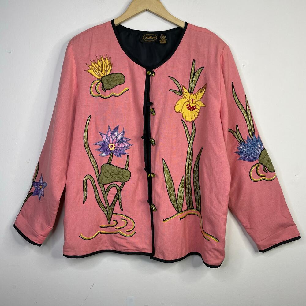 Allure Vintage 90s Y2K Floral Embroidered Applique Cotton Flax Jacket womens XL